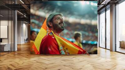 A man is holding a red and yellow flag and smiling. Football fan at the football championship Wall mural