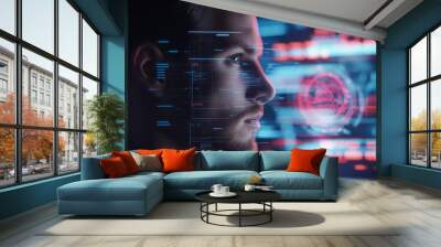 A man is looking at a computer screen with a red circle on it Wall mural