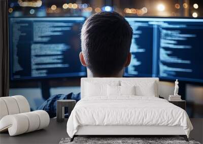 A man is sitting in front of two computer monitors Wall mural