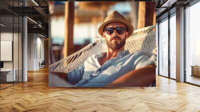 A man is sunbathing at a resort by the sea. Travel concept. AI generated, human enhanced Wall mural