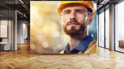 A man wearing a yellow hard hat and a blue shirt with a vest Wall mural