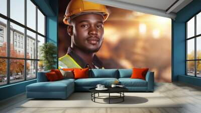 A man wearing a yellow hard hat and a reflective vest stands in front of a wall Wall mural