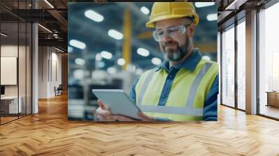 A man wearing a yellow safety vest and a hard hat is looking at a tablet Wall mural