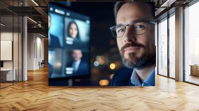 A man wearing glasses is standing in front of a computer monitor with a group of Wall mural