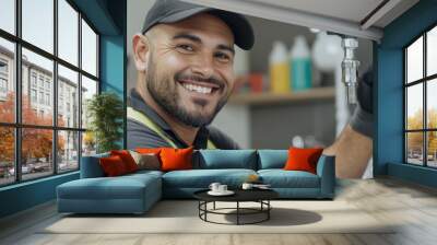 A man with a black hat and a yellow vest is smiling and holding a pipe Wall mural