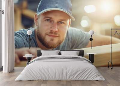 A man with a blue hat and beard is smiling and leaning over a wooden board Wall mural