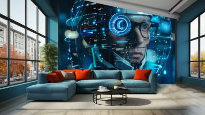 a man with a blue helmet and glasses is looking at the camera Wall mural