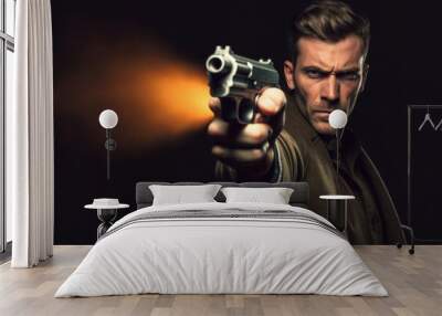 A man with a gun. Background with selective focus. AI generated, human enhanced Wall mural