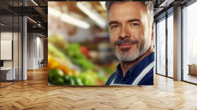 A man with a white apron stands in front of a vegetable stand Wall mural