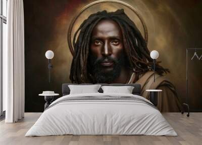 A man with dreadlocks and a gold halo on his head Wall mural