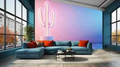 A neon cactus is lit up in a white pot Wall mural