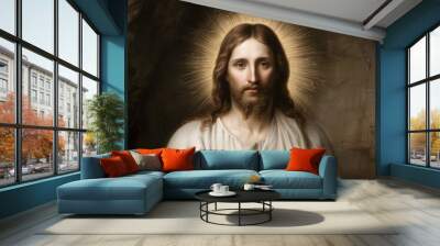 A painting of Jesus Christ with a golden halo on his head Wall mural