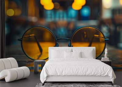 A pair of sunglasses with yellow lenses are sitting on a table Wall mural