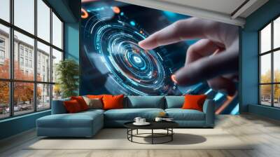 a person touching button on futuristic device Wall mural