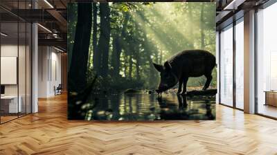 A pig is drinking water in a forest Wall mural