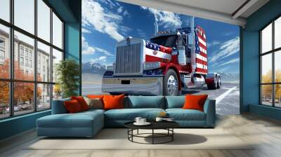 A red, white and blue semi truck with the American flag on the side, concept of a truck driver in the USA Wall mural