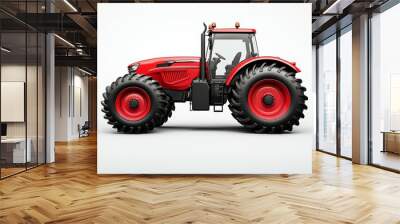 A red tractor with black tires is parked on a white background Wall mural