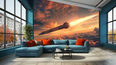 A rocket is flying through the sky with a bright orange sun in the background, military missile Wall mural