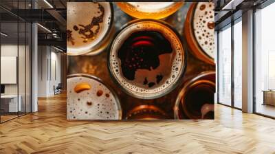 A row of glasses with different beer in them Wall mural