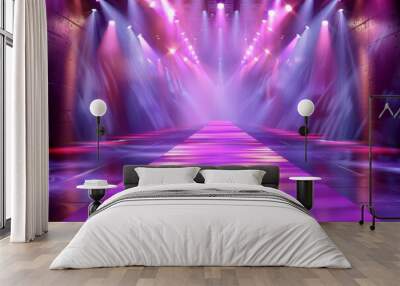 A runway with purple lights and a purple floor. Fashion show catwalk or podium stage Wall mural