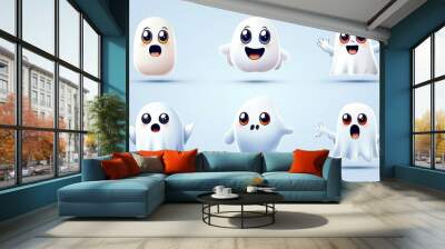 A set of six cartoonish white ghosts with different expressions Wall mural