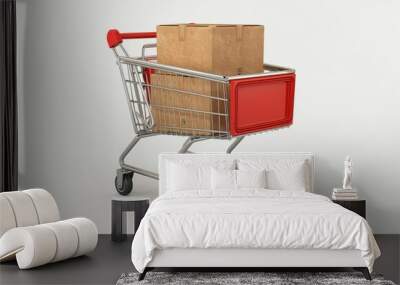 A shopping cart is full of boxes and has a red handle Wall mural