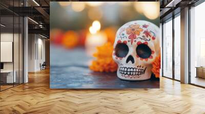 A skull is placed on a table with orange flowers surrounding it Wall mural