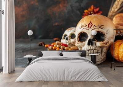 A skull is sitting on a table next to some pumpkin and a bag of candy Wall mural