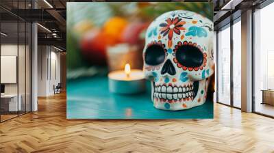 A skull with a candle on top of it Wall mural