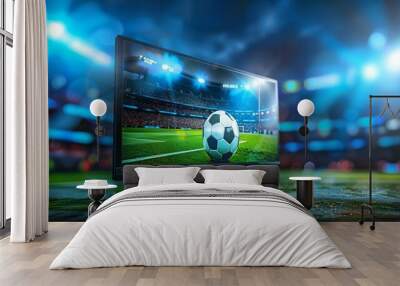 A soccer ball is displayed on a television screen in a stadium, football broadcast live on TV Wall mural