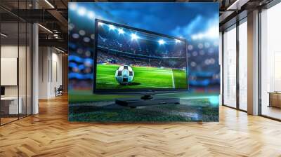 A soccer ball is on a television screen in a stadium, football broadcast live on TV Wall mural