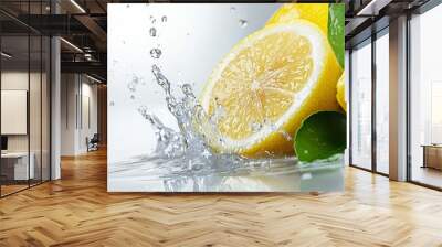 A splash of water surrounds a lemon and a leaf Wall mural