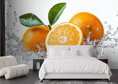 A splash of water surrounds three oranges, one of which is cut in half Wall mural