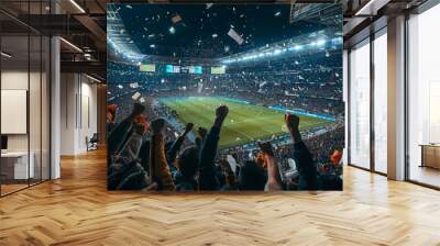 A stadium full of people cheering for a soccer game. Football fans or spectators at the championship Wall mural