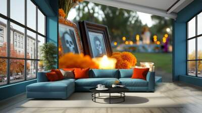 A table with two pictures of skulls and candles in orange flowers Wall mural