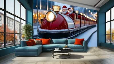 A train with two santa claus riding on it Wall mural