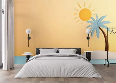 A tropical island with a palm tree and a sun in the sky Wall mural