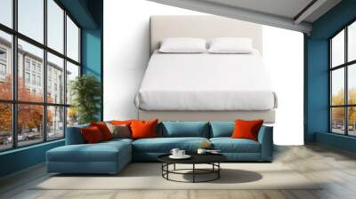 A white bed with two pillows and a white sheet Wall mural