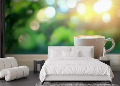 A white coffee cup sits on a wooden table in front of a green background Wall mural