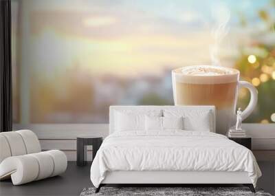 A white coffee cup with a brown foam on top sits on a wooden table Wall mural