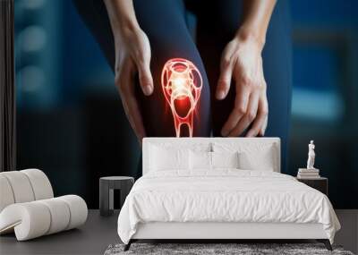 A woman holds her sore knee. Abstract visualization of nerve endings in a joint. Background with selective focus Wall mural