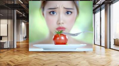 A woman is eating a tomato on a white plate Wall mural