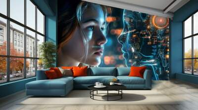 A woman is looking at a computer generated face Wall mural