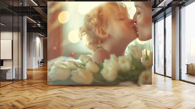 A woman kisses a child while holding a bouquet of white flowers. Happy Mother's Day concept Wall mural