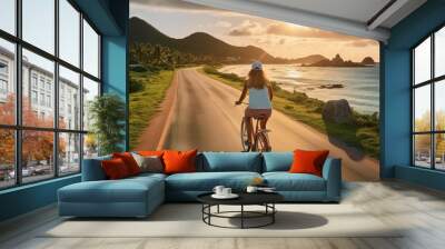 A woman on a resort vacation rides a bike. Background with selective focus. AI generated, human enhanced Wall mural