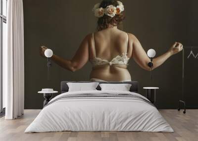 A woman wearing a white lace bra and panties with a flower headband Wall mural