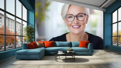 A woman wearing glasses and a black shirt is smiling Wall mural