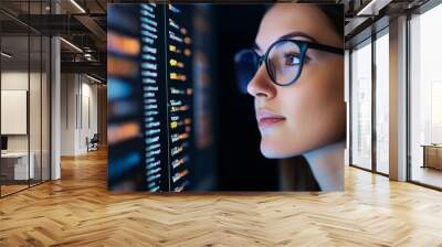 A woman wearing glasses is looking at a computer screen with a lot of text on it Wall mural