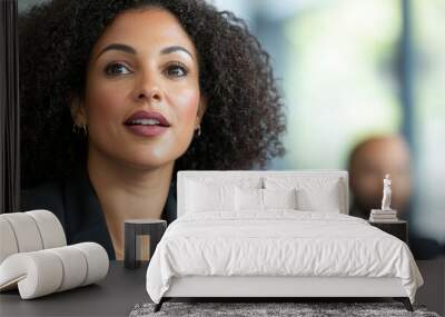 A woman with curly hair is sitting in a meeting room with a man Wall mural