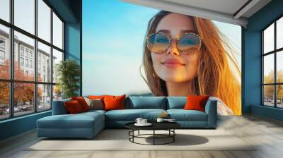 A woman with long hair and sunglasses is smiling at the camera Wall mural